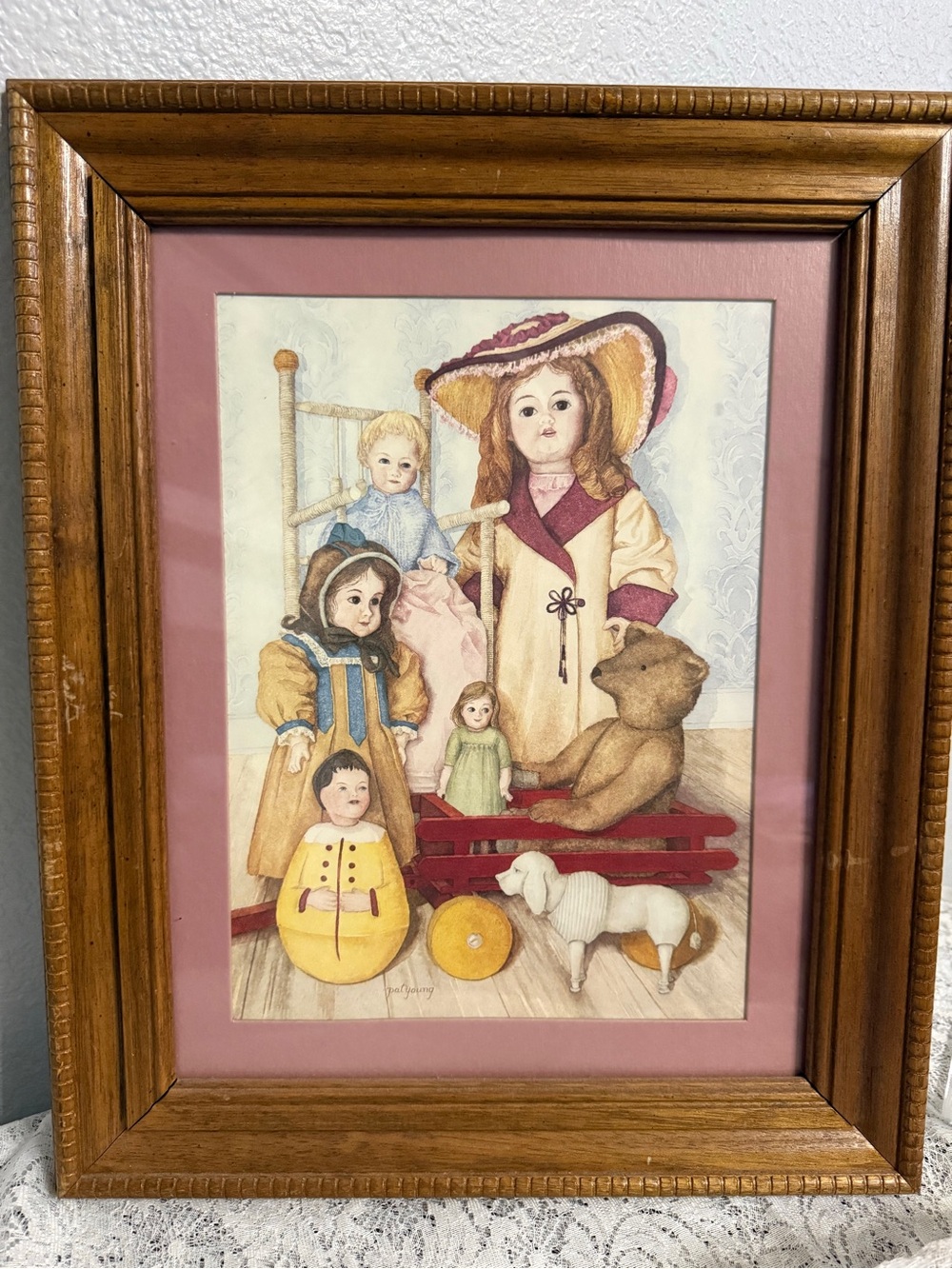 Vintage Pat Young Doll Portrait Wall Art in Pink Mat with Wood Frame